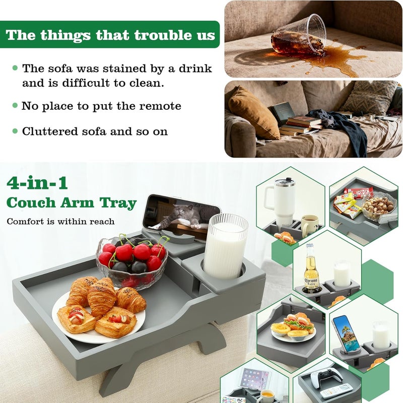 GHKINMAL Couch Cup Holder, 4-in-1 Side Couch Arm Tray with Phone Holder, Sofa Clip on Side Table for Wide Couches Arm, Suitable for Home Drinks/Remote/Snacks-Grey - Image 2
